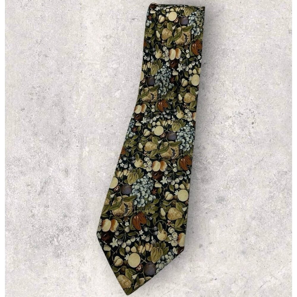 CERRUTI Silk Tie FRANCE XL Green Beige Fruit Floral W:3.5" EUC